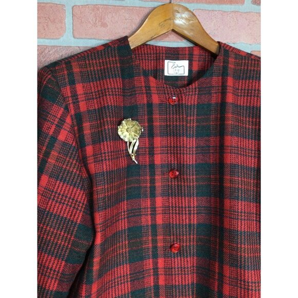 Vintage EVA Women Plaid Button Front Blazer Jacket Wool Blend Flower Brooch - Picture 2 of 6